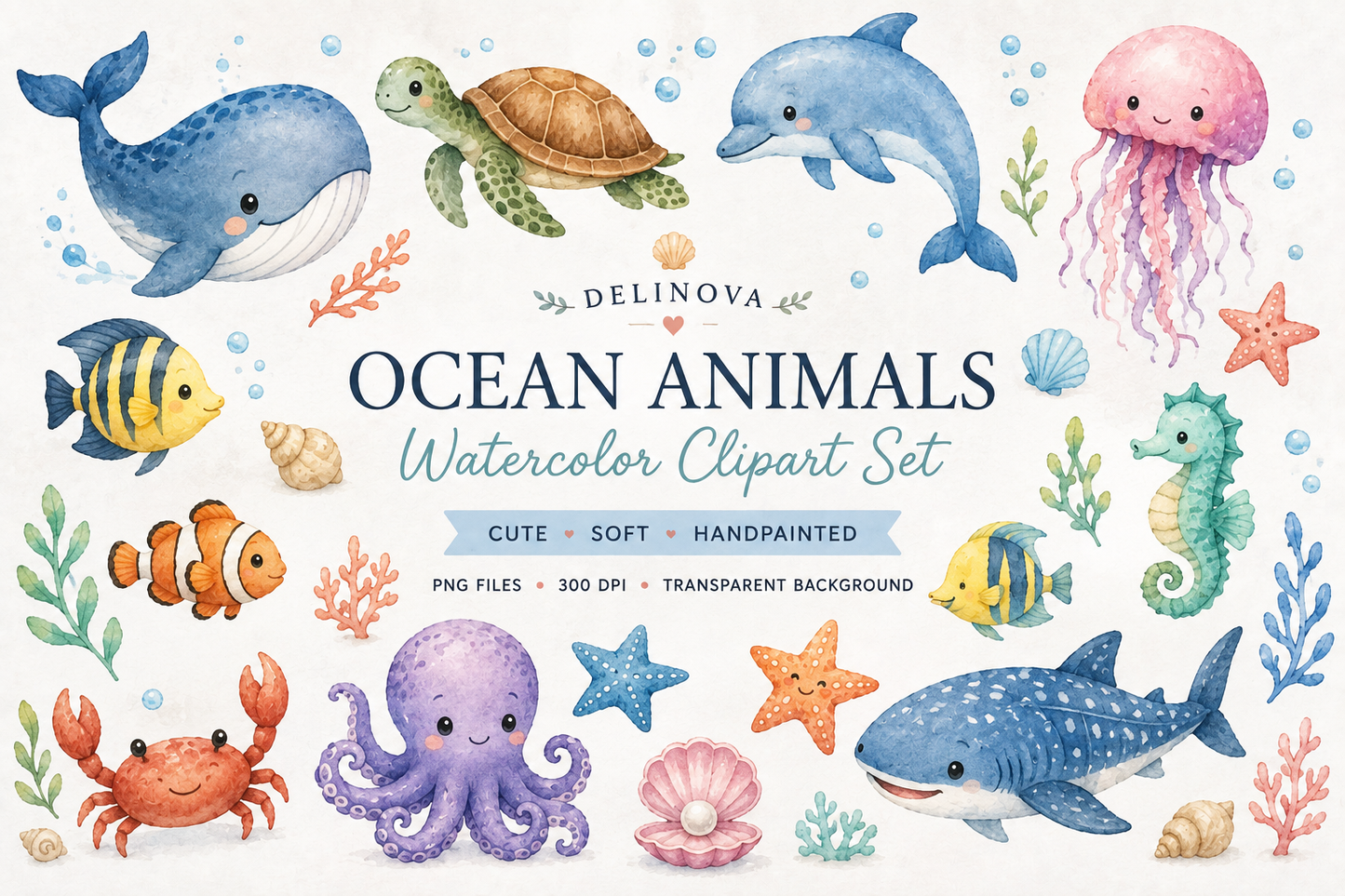 Delinova Watercolor Ocean Animals Clipart Set – Sea Life PNG Digital Download