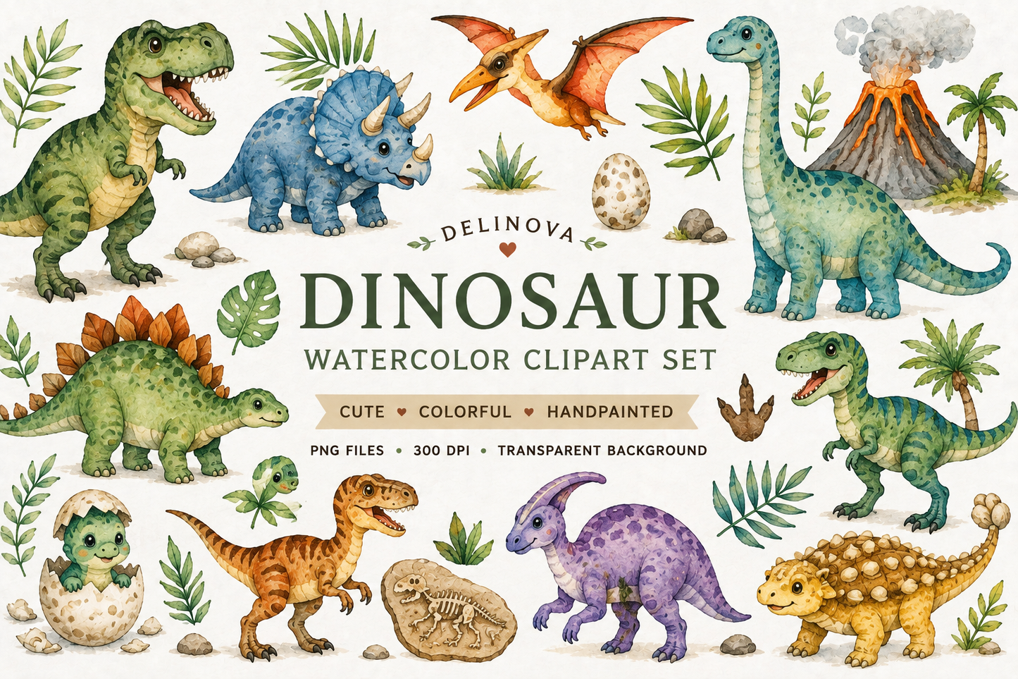 Delinova Watercolor Dinosaur Clipart Set – Cute Dino PNG Digital Download