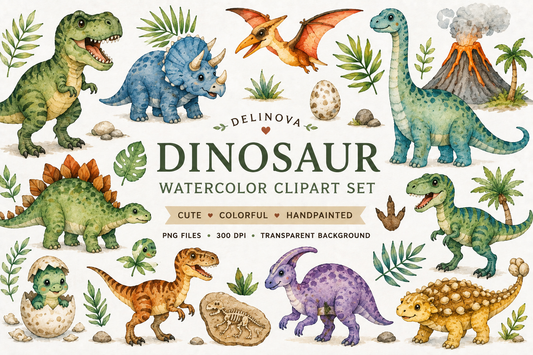 Delinova Watercolor Dinosaur Clipart Set – Cute Dino PNG Digital Download