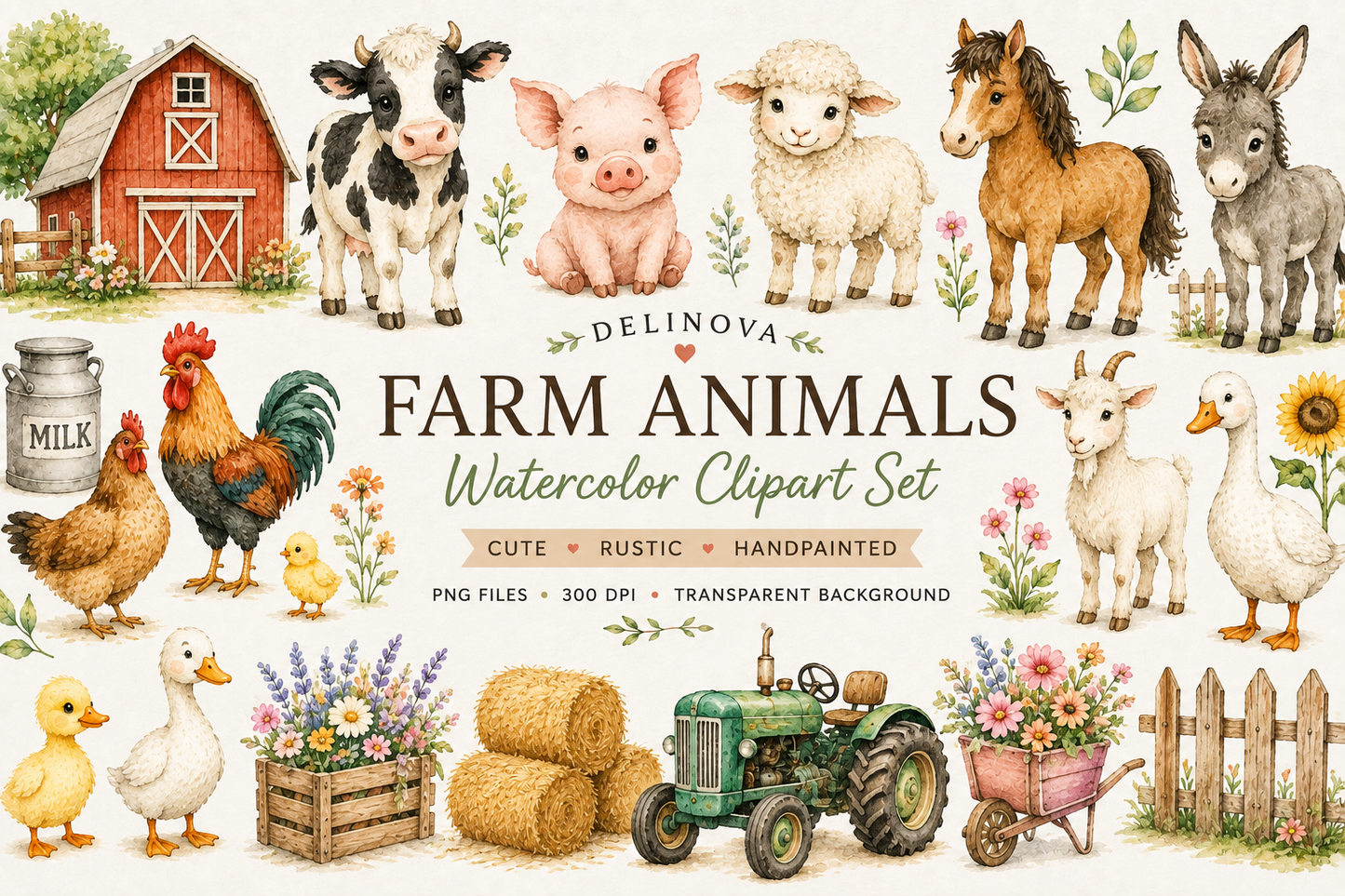 Delinova Watercolor Farm Animals Clipart Set – Cute Barnyard PNG Digital Download