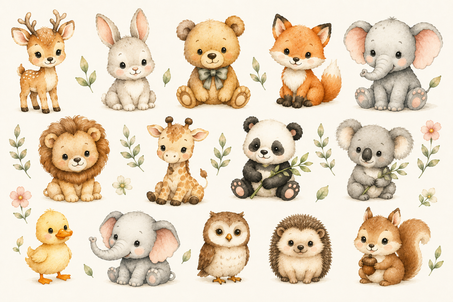Delinova Watercolor Baby Animals Clipart Set – Cute Nursery PNG Digital Download