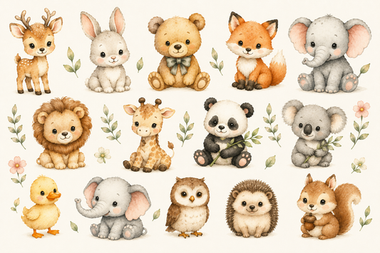 Delinova Watercolor Baby Animals Clipart Set – Cute Nursery PNG Digital Download