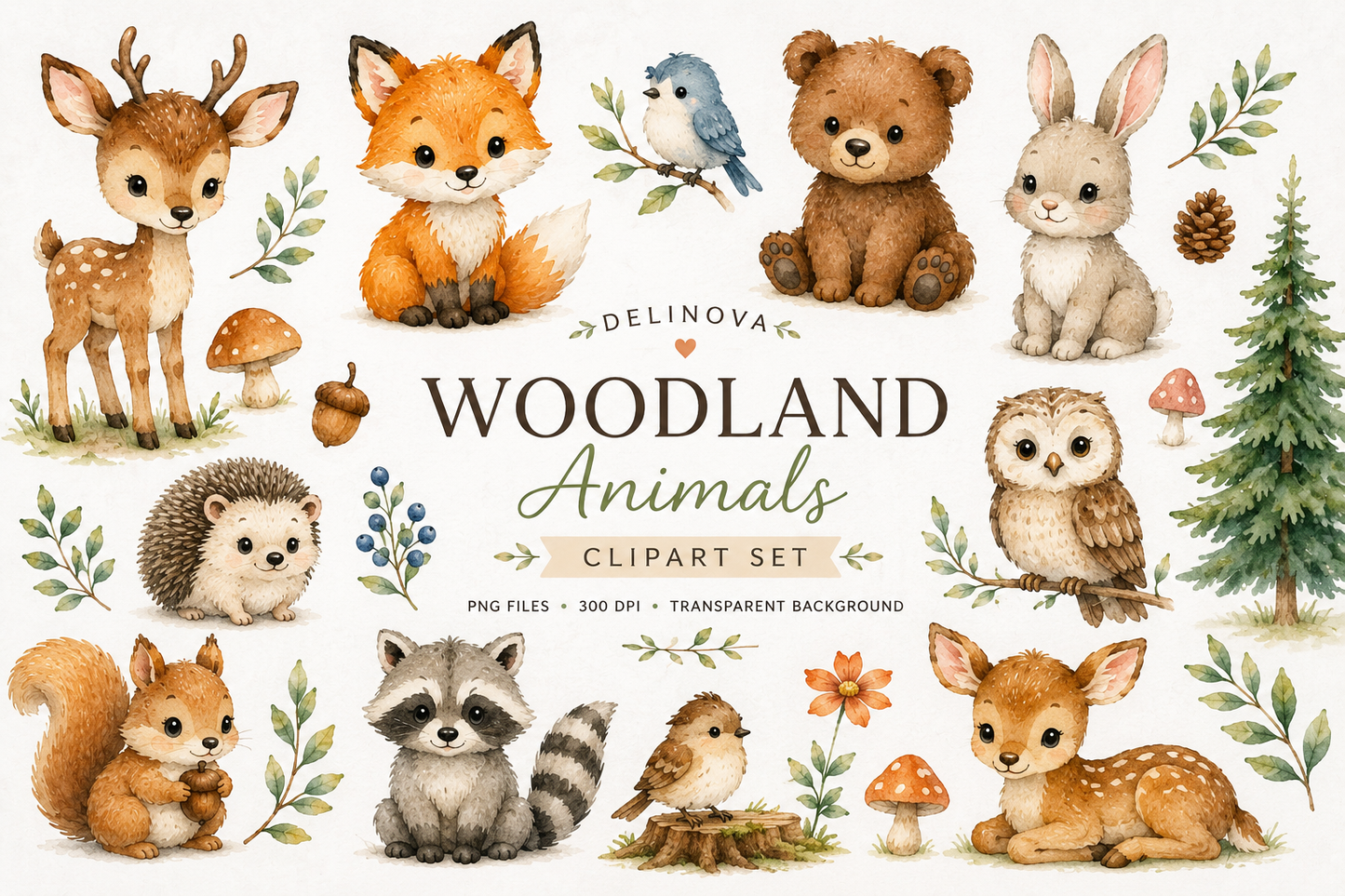 Delinova Watercolor Woodland Animals Clipart Set – Forest Friends PNG Digital Download