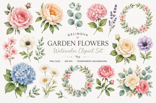 Delinova Watercolor Garden Flowers Clipart Set – Floral PNG Digital Download